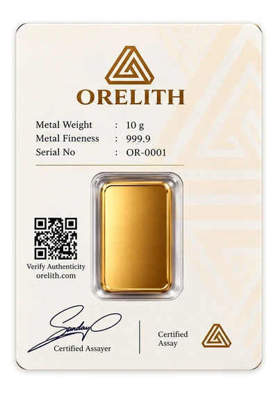 Back presentation of an ORELITH 10g gold bar on an ivory card